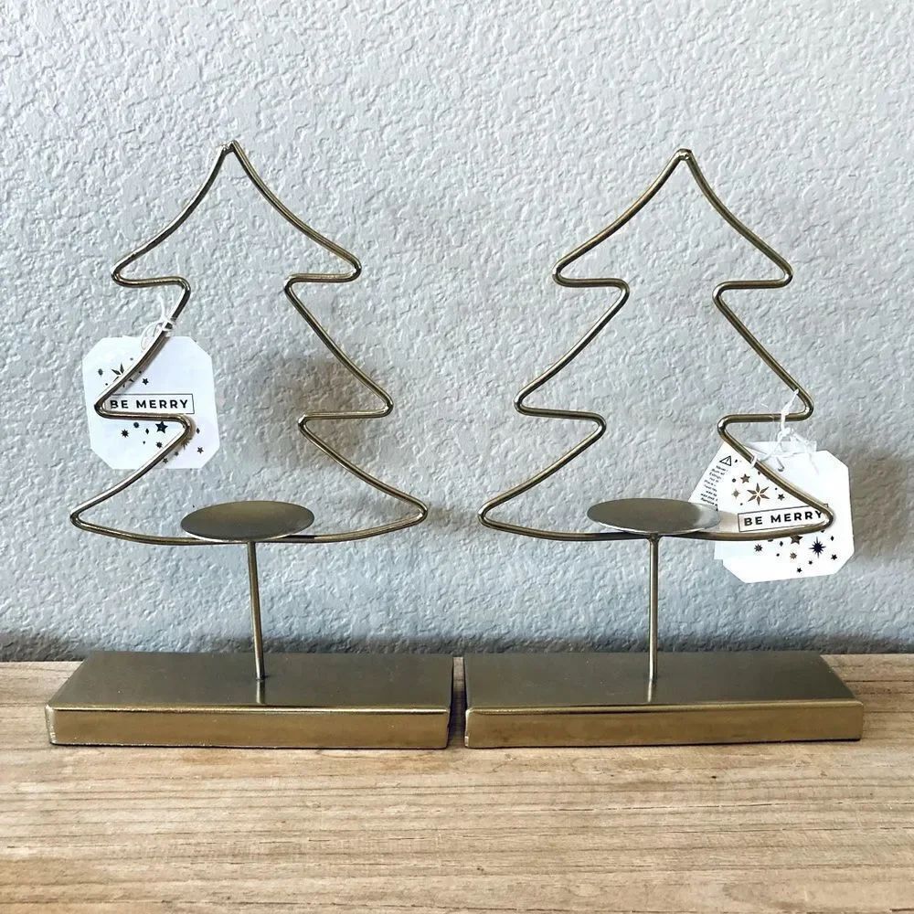 Modern Gold 2-pc Christmas Tree Holiday Candle Holders Set